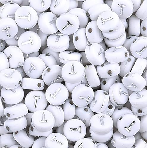 WEstux 100-Stücke 4×7mm Silber Runde Acryl Alphabet Buchstabe Perlen Vowel Buchstabe T Perlen für Schmuck Herstellung Armbänder Halsketten Schlüsselanhänger von WEstux