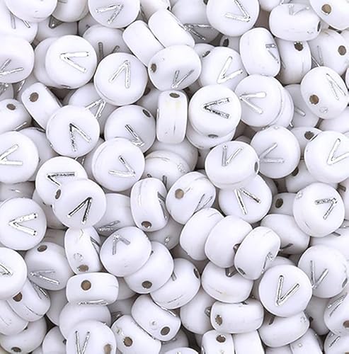WEstux 100-Stücke 4×7mm Silber Runde Acryl Alphabet Buchstabe Perlen Vowel Buchstabe V Perlen für Schmuck Herstellung Armbänder Halsketten Schlüsselanhänger von WEstux