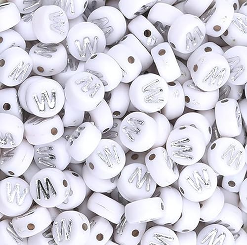 WEstux 100-Stücke 4×7mm Silber Runde Acryl Alphabet Buchstabe Perlen Vowel Buchstabe W Perlen für Schmuck Herstellung Armbänder Halsketten Schlüsselanhänger von WEstux