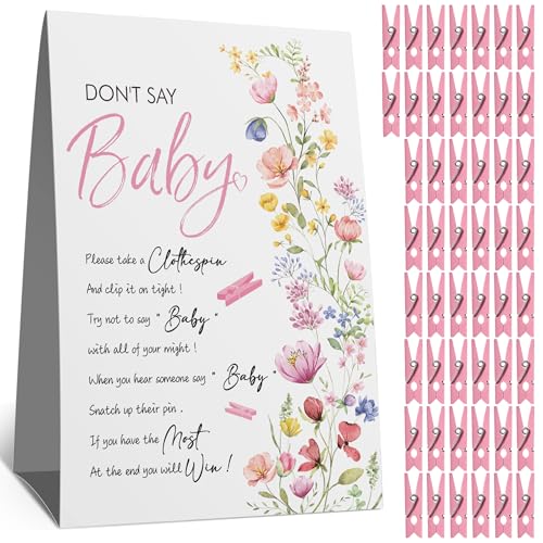 WFFW Wildblumen-Wäscheklammer, Babyparty-Spiel – "Don't Say Baby" Party-Aktivität mit rosa Blumenschild & 50 Mini-Wäscheklammern – Gender Reveal Decor für Mädchen – Babyparty-Dekorationsset-c5 von WFFW
