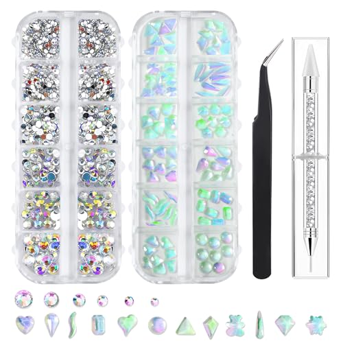 Strasssteine, Nagel-Edelsteine, flache Rückseite, AB-Kristalle, Nagelkunst, Strasssteine, mit Pinzette und Strass-Picker, Punktierstift für Nägel, Kunst, Gesicht, Handwerk, Kleidung (18 Größen) von WFPPSK