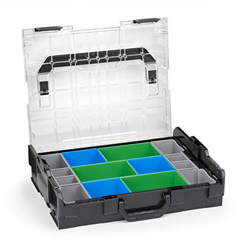 Sortimo Bosch Werkzeugkoffer L BOXX 102 schwarz Deckel transparent mit Insetboxen-Set CD3 Sortierboxen für Kleinteile | ideale Schrauben Aufbewahrung Kleinteilemagazin Alternative von WFix