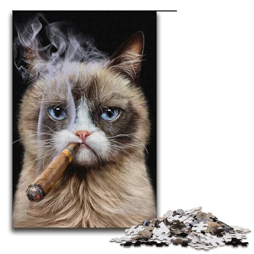 Puzzle 1000 Teile für Erwachsene, verärgerte Katze mit Zigarre, Geschenkpapier, Puzzle, Lernspiel, Herausforderungsspielzeug (Größe 38 x 26 cm) von WGLINGX
