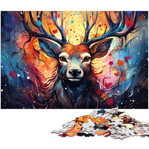 für Erwachsene, 1000-teiliges Puzzle mit Gemälde eines bunten Hirsches, Geschenkpapier, Heimdekoration (Größe 38 x 26 cm) von WGLINGX