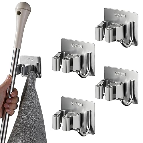 4 Stück Besenhalterung Wand Selbstklebend Ohne Bohren,Edelstahl Wandhalterung Besen Besenhalter,Broom Holder Mop Halter,Gerätehalter Krückenhalter Werkzeughalter,Besenstiel Halterung Mop-aufhänger von WHC