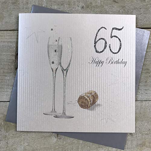 WHITE COTTON CARDS "65 Happy Birthday handgefertigt 65. Geburtstag Karte mit Champagner Design, Silber von WHITE COTTON CARDS