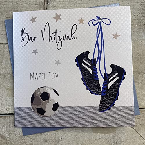 WHITE COTTON CARDS Bar Mitzvah Mazel Tov Jungen, Fußball, Handgefertigt, Jüdisches Und Stiefel von WHITE COTTON CARDS