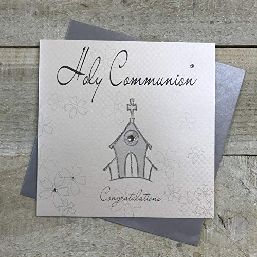 WHITE COTTON CARDS Glückwunschkarte zur Kommunion, mit Schriftzug Holy Communion Congratulations, 1-teilig, handgefertigt, Design mit silberfarbener Kirche von WHITE COTTON CARDS