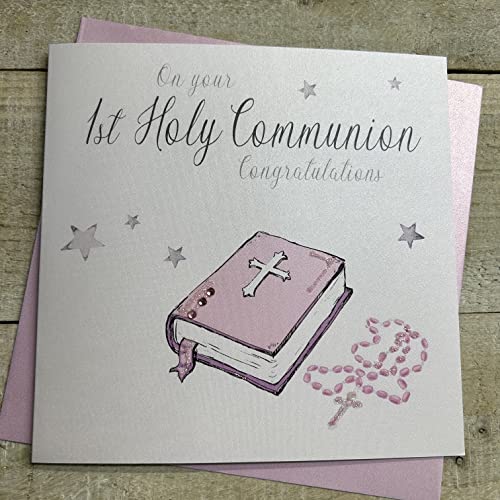 WHITE COTTON CARDS N88 Pink Bibel, On Your 1st Holy Communion Congratulations handgefertigt Mädchen Heilige Kommunion Karte von WHITE COTTON CARDS