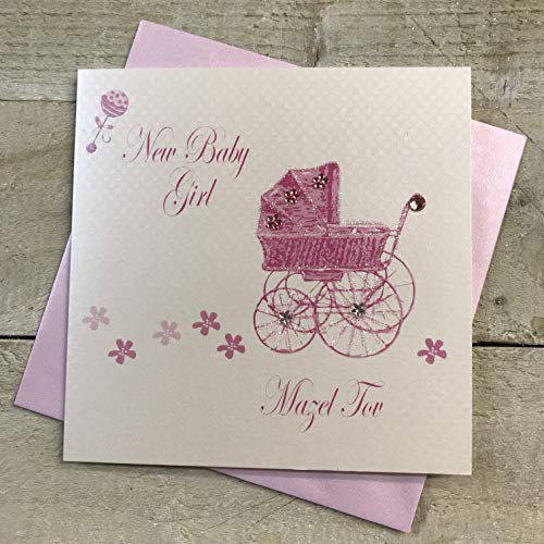 WHITE COTTON CARDS Mazel Tov Handgefertigte jüdische Baby-Karte (rosa Kinderwagen), weiß, 16cm x 16cm von WHITE COTTON CARDS