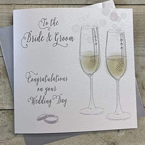WHITE COTTON CARDS XN50 Hochzeitskarte, Motiv Champagner, Aufschrift to The Bride & Groom Congratulations, handgefertigt, groß, Baumwolle, weiß von WHITE COTTON CARDS