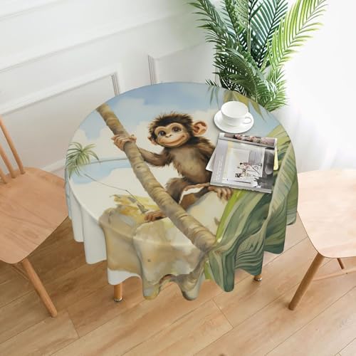 WHJWZY Runde Tischdecke, Affe auf der Kokospalme, 152,4 cm, waschbar, für runden Esstisch von WHJWZY