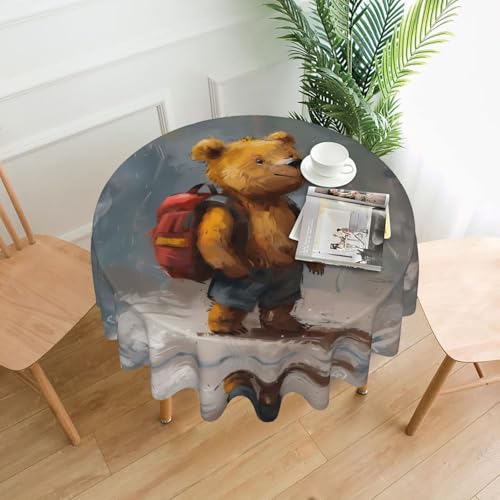 WHJWZY Runde Tischdecke, Motiv: Der kleine Bär reist um die Welt, 152,4 cm, kann gewaschen werden für einen runden Esstisch von WHJWZY