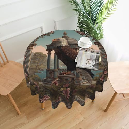 WHJWZY Runde Tischdecke mit Adler auf dem Pavillon-Muster, 152,4 cm, kann gewaschen werden, für runden Esstisch von WHJWZY