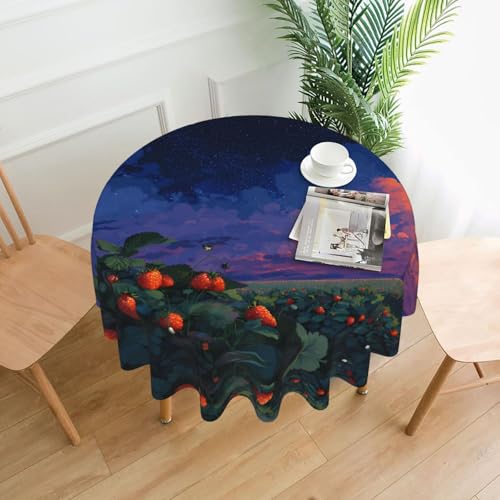 WHJWZY Runde Tischdecke mit Erdbeeren unter dem Sternenhimmel, 152,4 cm, waschbar, für runden Esstisch von WHJWZY