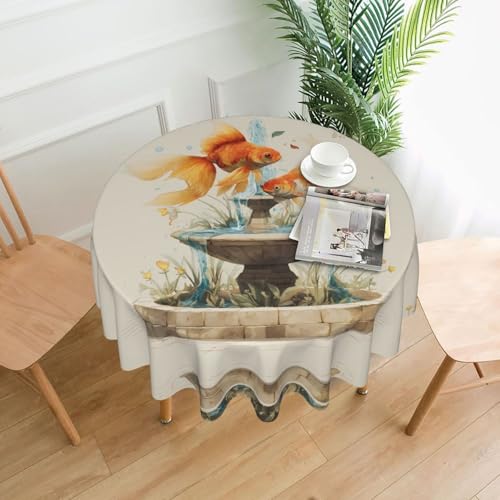WHJWZY Runde Tischdecke mit Goldfisch im Brunnenmuster, 152,4 cm, kann gewaschen werden, für runden Esstisch von WHJWZY