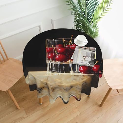 WHJWZY Runde Tischdecke mit Kirschen in einer Tasse, 152,4 cm, waschbar, für runden Esstisch von WHJWZY