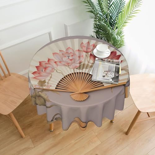 WHJWZY Runde Tischdecke mit Lotusaufdruck auf Fächermuster, 152,4 cm, kann gewaschen werden, für runden Esstisch von WHJWZY