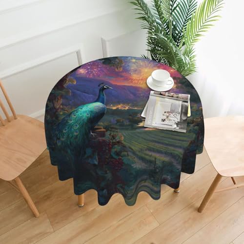 WHJWZY Runde Tischdecke mit Pfauen- und Feuerwerk-Muster, 152,4 cm, kann gewaschen werden, für runden Esstisch von WHJWZY