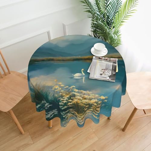 WHJWZY Runde Tischdecke mit Schwanenmuster im Licht des Sees, 152,4 cm, kann gewaschen werden, für runden Esstisch von WHJWZY