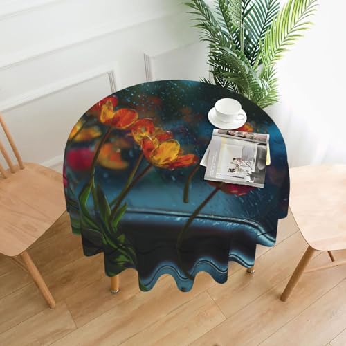 WHJWZY Runde Tischdecke mit Tulpen im Autofenster-Muster, 152,4 cm, kann gewaschen werden, für runden Esstisch von WHJWZY