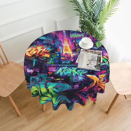 WHJWZY Runde Tischdecke mit neonfarbenem Graffiti-Muster, 152,4 cm, kann gewaschen werden, für runden Esstisch von WHJWZY