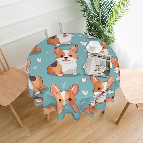 WHJWZY Runde Tischdecke mit niedlichem Corgi-Muster, 152,4 cm, kann gewaschen werden, für runden Esstisch von WHJWZY