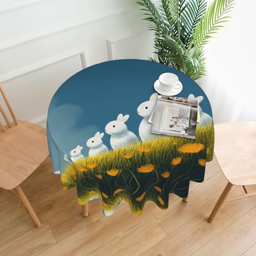 WHJWZY Runde Tischdecke mit weißem Kaninchen auf dem Grasland, 152,4 cm, kann gewaschen werden, für runden Esstisch von WHJWZY