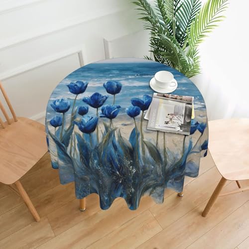 WHJWZY Tischdecke, Motiv: Blaue Tulpen am Meer, rund, 152,4 cm, waschbar, für runden Esstisch von WHJWZY