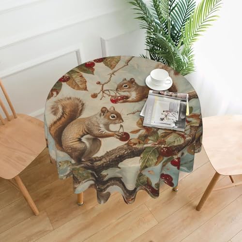 WHJWZY Tischdecke mit Eichhörnchen-Picking-Kirschen-Muster, rund, 152,4 cm, waschbar, für runden Esstisch von WHJWZY
