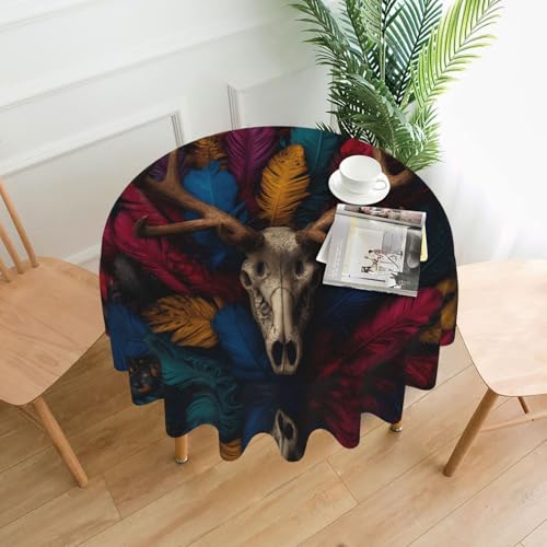 WHJWZY Tischdecke mit Hirschgeweih in bunten Federn, rund, 152,4 cm, waschbar, für runden Esstisch von WHJWZY