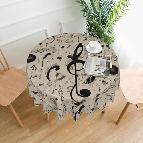 WHJWZY Tischdecke mit Musiknoten-Muster, rund, 152,4 cm, waschbar, für runden Esstisch, Schwarz und Weiß von WHJWZY