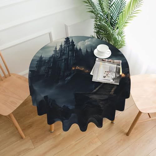 WHJWZY Tischdecke mit dunklem Horror-Schloss, rund, 152,4 cm, waschbar, für runden Esstisch von WHJWZY