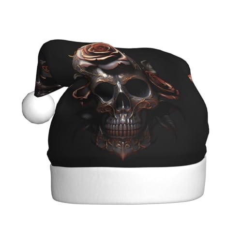WHJYYXDE Weihnachtsmütze für Erwachsene – Hochwertiger Stoff Weihnachtsmannmütze mit weicher und flauschiger Unterseite, schwarzes Totenkopf-Rosenmuster von WHJYYXDE