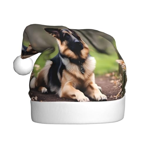 WHJYYXDE Weihnachtsmütze für Erwachsene – hochwertiger Stoff mit weichem Ahorn-Muster für Feiertage, Deutscher Schäferhund von WHJYYXDE