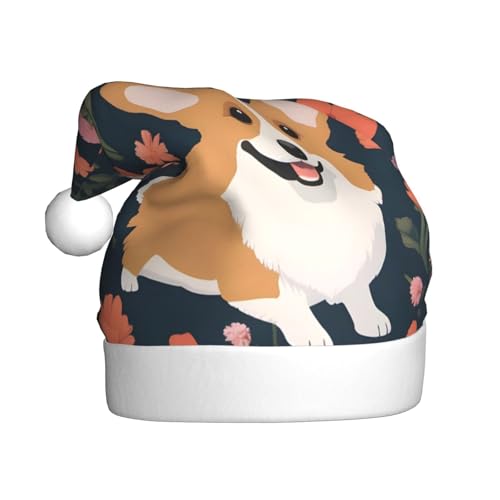 WHJYYXDE Weihnachtsmütze für Erwachsene – hochwertiger Stoff mit weichem Corgi-Blumen-Muster von WHJYYXDE