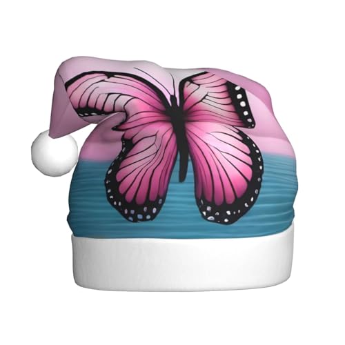 WHJYYXDE Weihnachtsmütze für Erwachsene – hochwertiger Stoff mit weichem Stoff für Feiertage, Partys, rosa Schmetterling und Meer Muster von WHJYYXDE