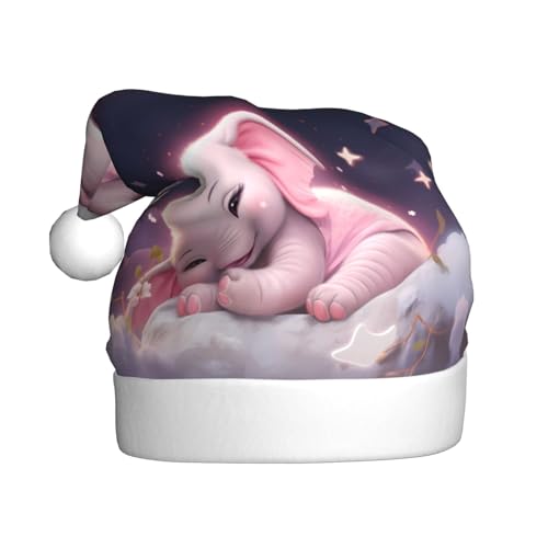 WHJYYXDE Weihnachtsmütze für Erwachsene – hochwertiger Stoff mit weichem Stoff für Feiertage, niedlicher Baby-Elefant, schlafender rosa Monddruck von WHJYYXDE