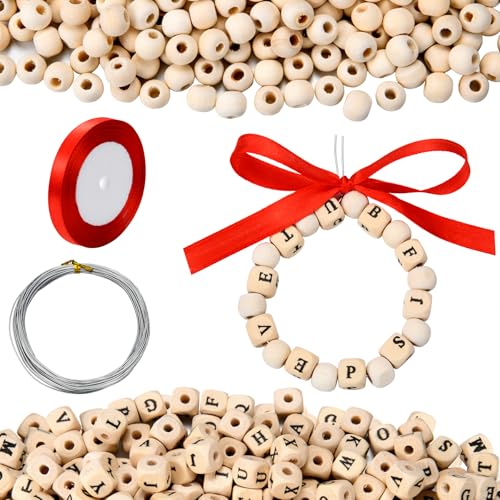 600 Stück Weihnachtskranz, Holzperlen, DIY-Set, 400 runde Holzperlen, 200 Alphabet-Perlen, inklusive 22 m rotem Band und 10 m Draht für Weihnachtsfeiertage 600 Stück Weihnachtskranz, Holzperlen, DIY-Set, 400 runde Holzperlen, 200 Alphabet-Perlen, inklusive 22 m rotem Band und 10 m Draht für Weihnachtsfeiertage von WHQXFDZ