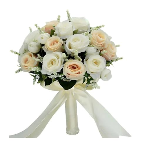 Blumen halten Künstliche Natürliche Rose Hochzeit Bouquet mit Seide Satin Band Rosa Weiß Champagner Brautjungfer Braut Party(Calipers Cover) von WHSDCZ