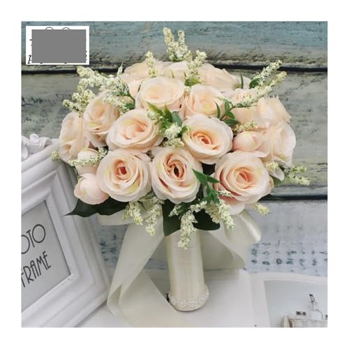 Blumen halten Künstliche Natürliche Rose Hochzeit Bouquet mit Seide Satin Band Rosa Weiß Champagner Brautjungfer Braut Party(Grå) von WHSDCZ