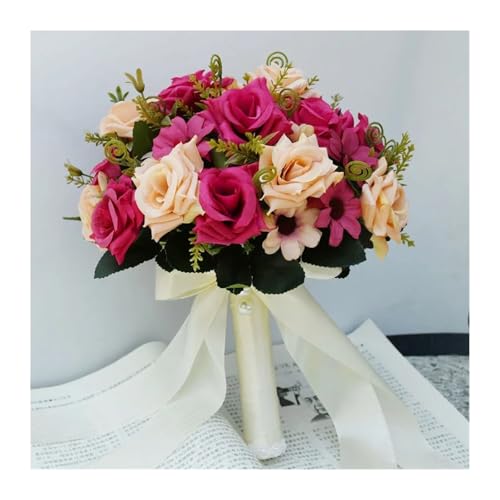 Blumen halten Künstliche Natürliche Rose Hochzeit Bouquet mit Seide Satin Band Rosa Weiß Champagner Brautjungfer Braut Party(PURPLE) von WHSDCZ
