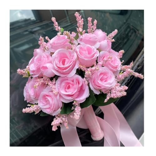 Blumen halten Künstliche Natürliche Rose Hochzeit Bouquet mit Seide Satin Band Rosa Weiß Champagner Brautjungfer Braut Party(Silver) von WHSDCZ