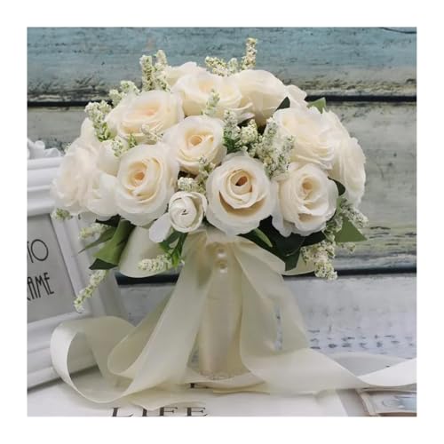 Blumen halten Künstliche Natürliche Rose Hochzeit Bouquet mit Seide Satin Band Rosa Weiß Champagner Brautjungfer Braut Party(WHITE) von WHSDCZ
