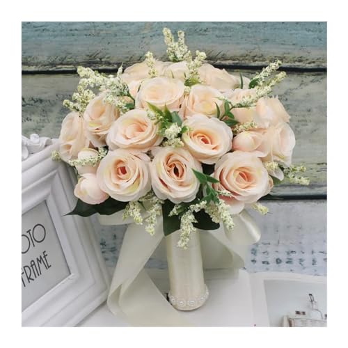 Blumen halten Künstliche Natürliche Rose Hochzeit Bouquet mit Seide Satin Band Rosa Weiß Champagner Brautjungfer Braut Party(Windshield bracket) von WHSDCZ