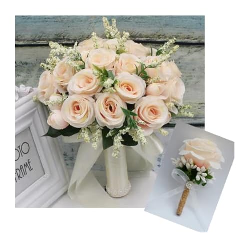 Blumen halten Künstliche Natürliche Rose Hochzeit Bouquet mit Seide Satin Band Rosa Weiß Champagner Brautjungfer Braut Party(Yellow) von WHSDCZ