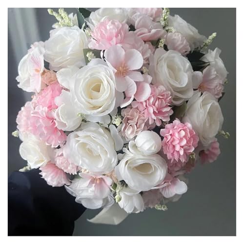 Braut Brautjungfer Hochzeitsstrauß Weiße Seidenblumen Rosen Hochzeitszubehör Mariage Bouquet Künstliche Blume(25cm) von WHSDCZ