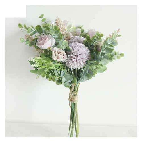 Hochzeit Blumenstrauß Künstliche Seide Rose Glückskugel Blume Home Hochzeitsdekor Brautstrauß Waldstil Eukalyptus(A-Light-purple) von WHSDCZ