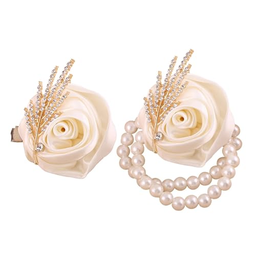Hochzeit Seide Rose Corsage Bräutigam Corsage, Trauzeuge Bester Mann Pin Hand Blume Handgelenk Corsage(1 Set 2pcs) von WHSDCZ