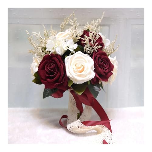 Hochzeitsstrauß Braut Künstliche Seidenblumen Schaumrosen Blumenstrauß Spitzendekoration Natürliche Hochzeitsblumen(Wine) von WHSDCZ